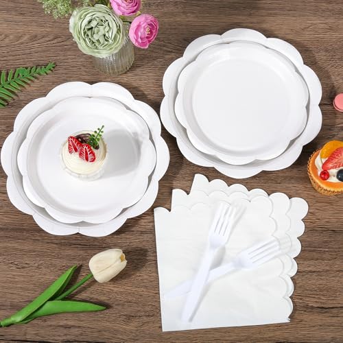 400 Pcs Ivory Paper Plates and Napkins Set Disposable Scalloped Plates Napkins Knives Forks Spoons Cups W24959