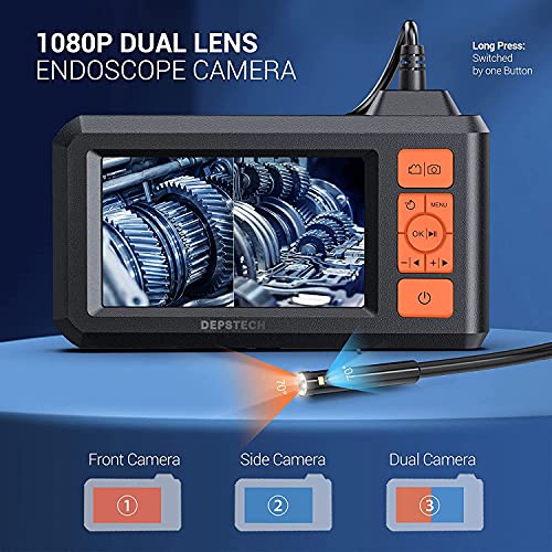 Dual Lens Industrial Endoscope, 1080P Digital Borescope Inspection Camera, 7.9mm IP67 Waterproof Sewer Camera with 4.3" LCD Screen, 7 LED Lights, 16.5FT Semi-Rigid Cable, 32GB Card-Black G300368