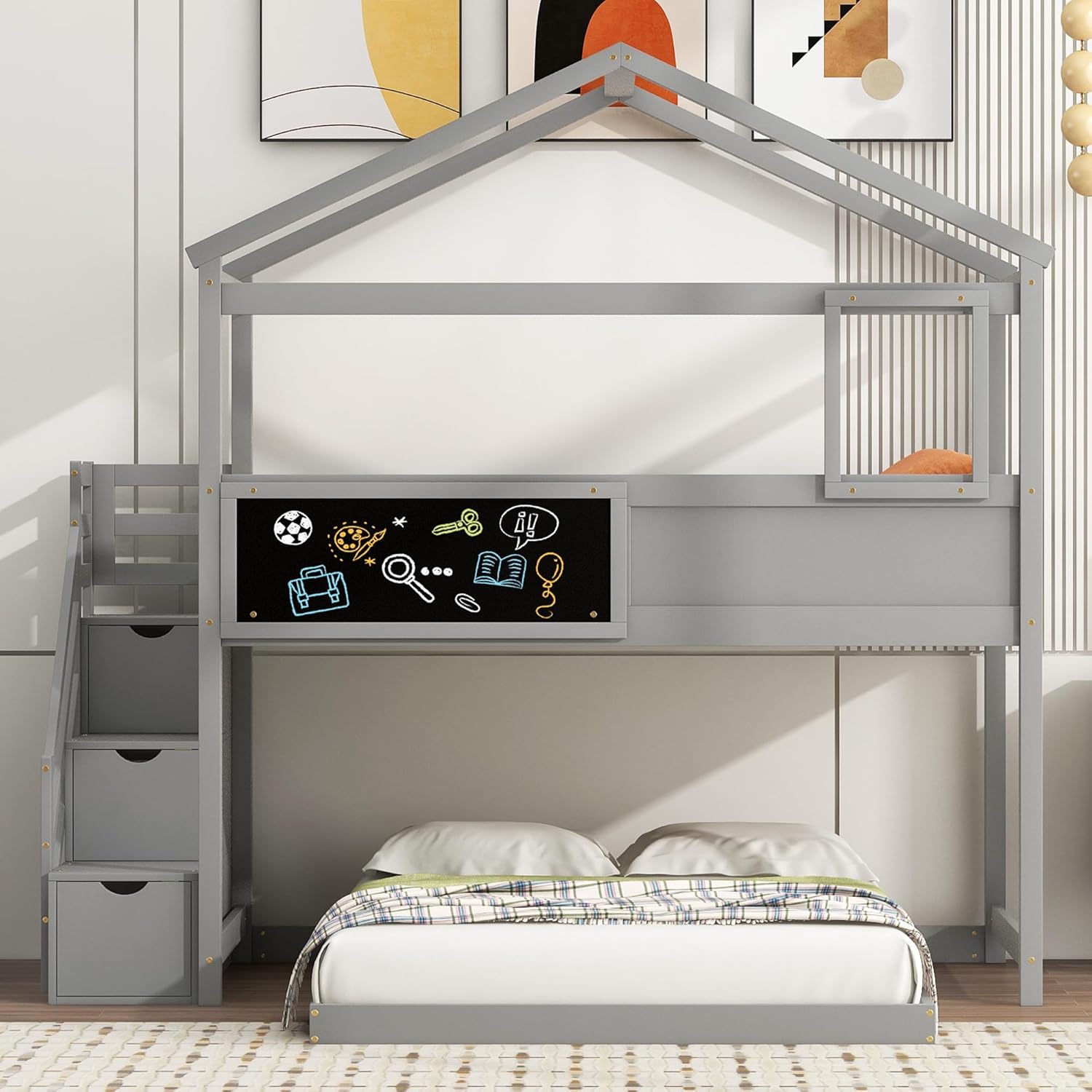 Gray Wood L-Shaped Twin Over Full Bunk Bed with Storage Stairs and Blackboard N15809