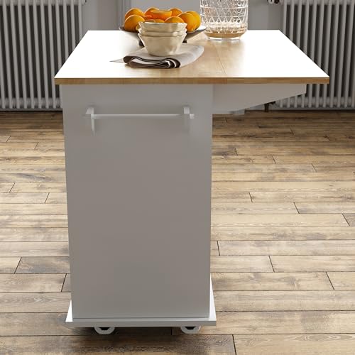 White Rolling Kitchen Island with Drop Leaf and Storage Cabinet W1275
