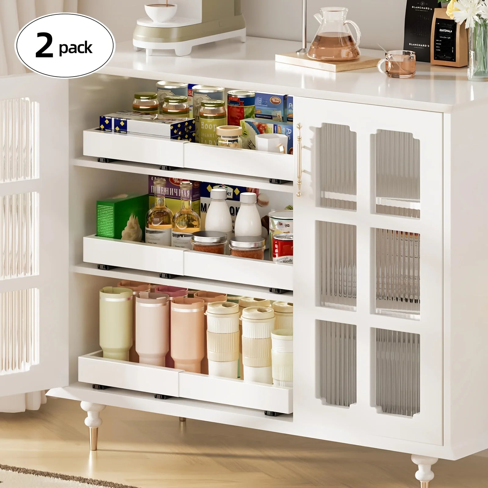 2Pack Expandable Pull Out Cabinet Organizer 16Deep, Slide Out Drawers With 6pcs Divider Racks, Roll Out Shelves Adhesive, Adjustable Width11.7-20 S228960