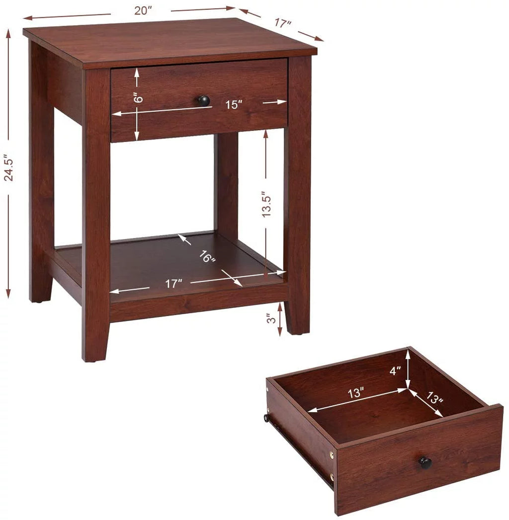 Walnut Wooden 2-Tier End Table With Drawer And Storage Shelf N253571