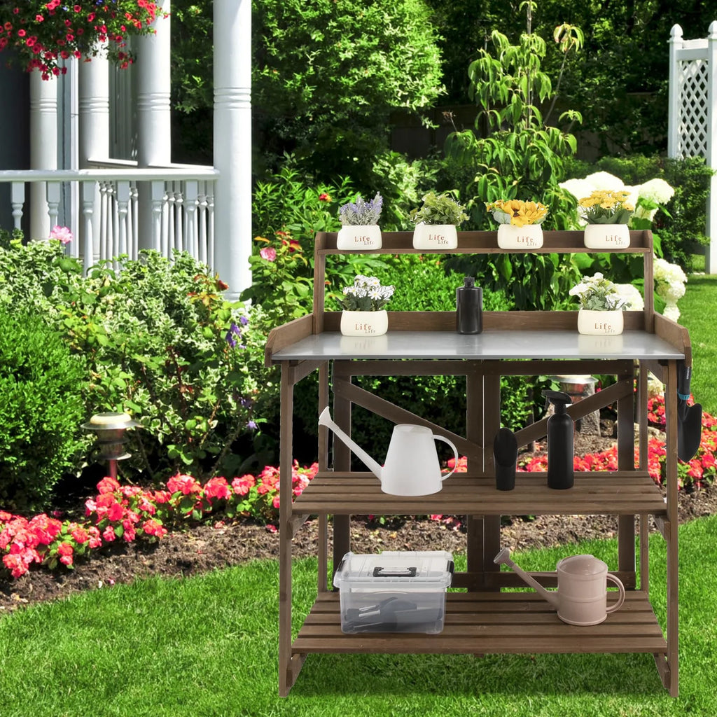 Folding Potting Bench Table with Galvanized Tabletop 2 Tier Storage Shelves X3242