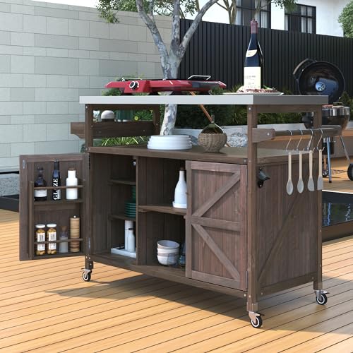 Natural Solid Wood Outdoor Kitchen Island with Stainless Steel Top S30226