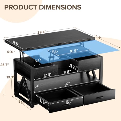 Black Lift Top Coffee Table with Storage Drawers and Hidden Compartment U69737