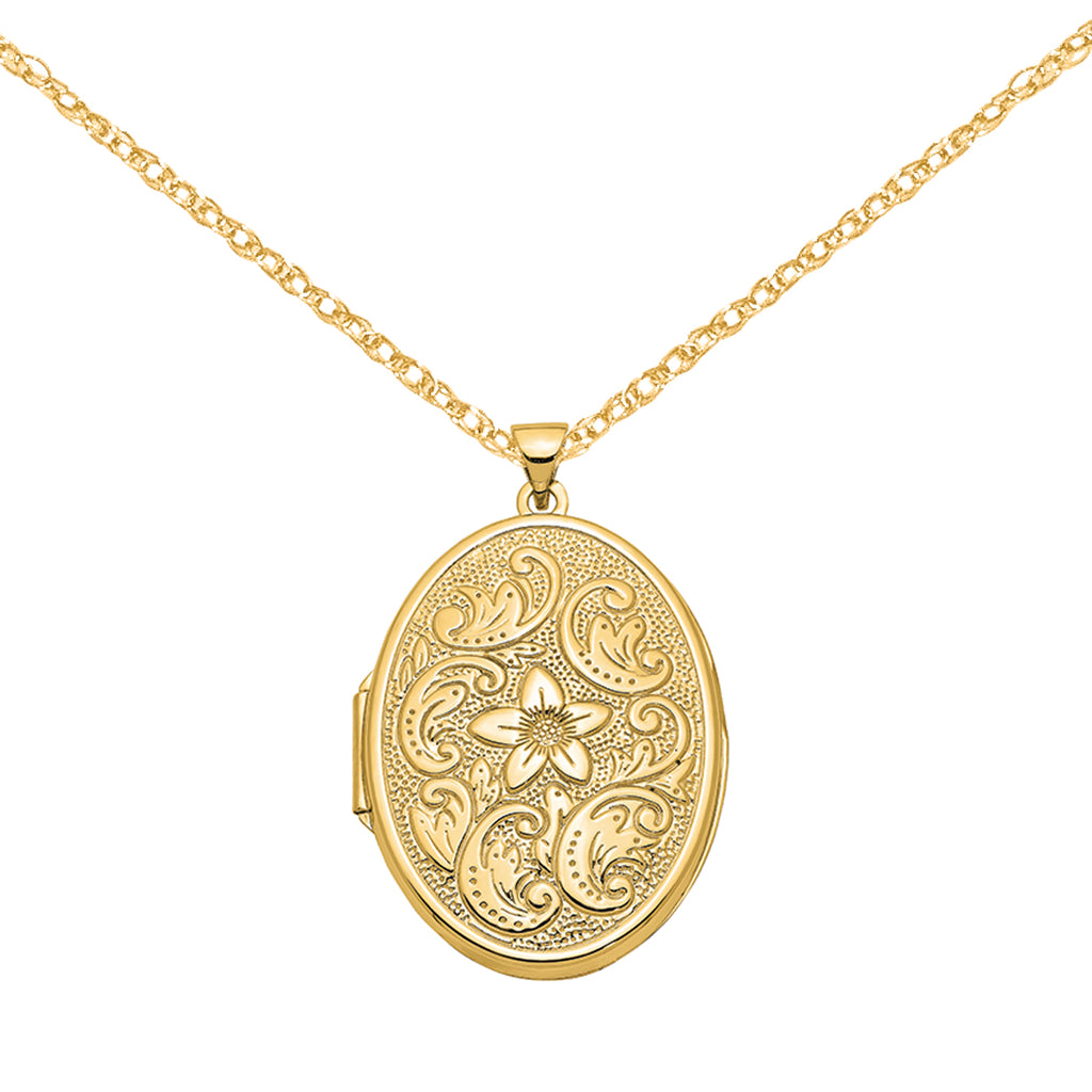 14 Karat Yellow Gold Oval Flower Locket on 18-inch Cable Rope Chain C5112