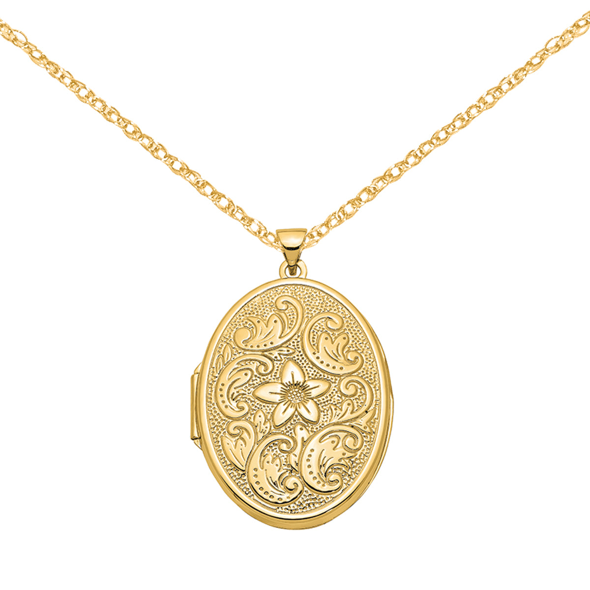 14 Karat Yellow Gold Oval Flower Locket on 18-inch Cable Rope Chain C5112