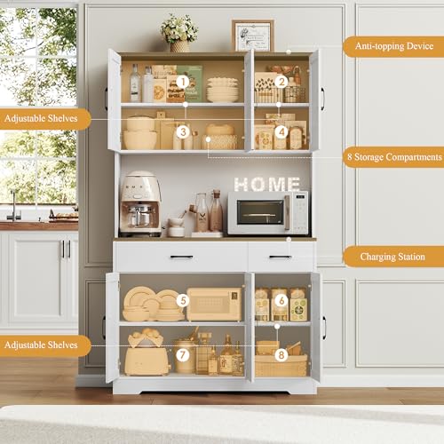 Black Tall Pantry Cabinet with Charging Station and Microwave Stand P34757