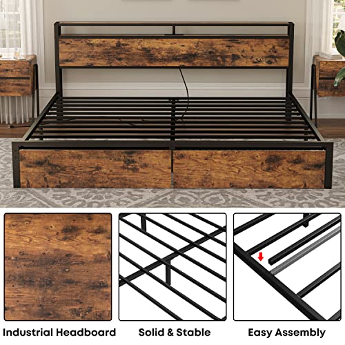 King Bed Frame with Storage Headboard, Platform Bed with Drawers and Charging Station, Vintage Brown Y3483