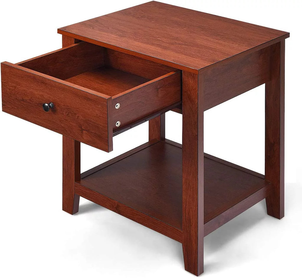 Walnut Wooden 2-Tier End Table With Drawer And Storage Shelf N253571