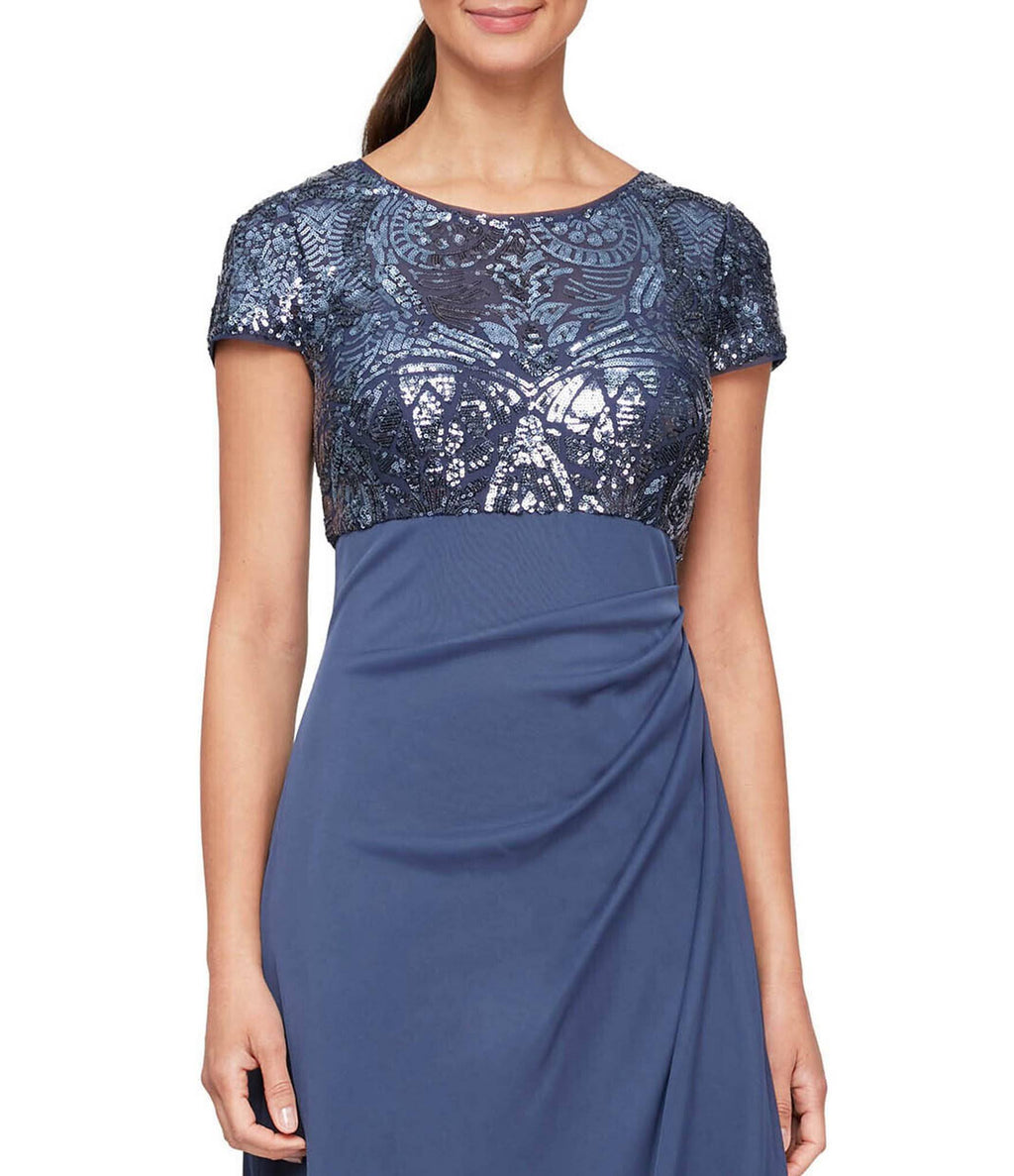 Cap Sleeve Stretch Sequin Side Ruffle Gown Z6770