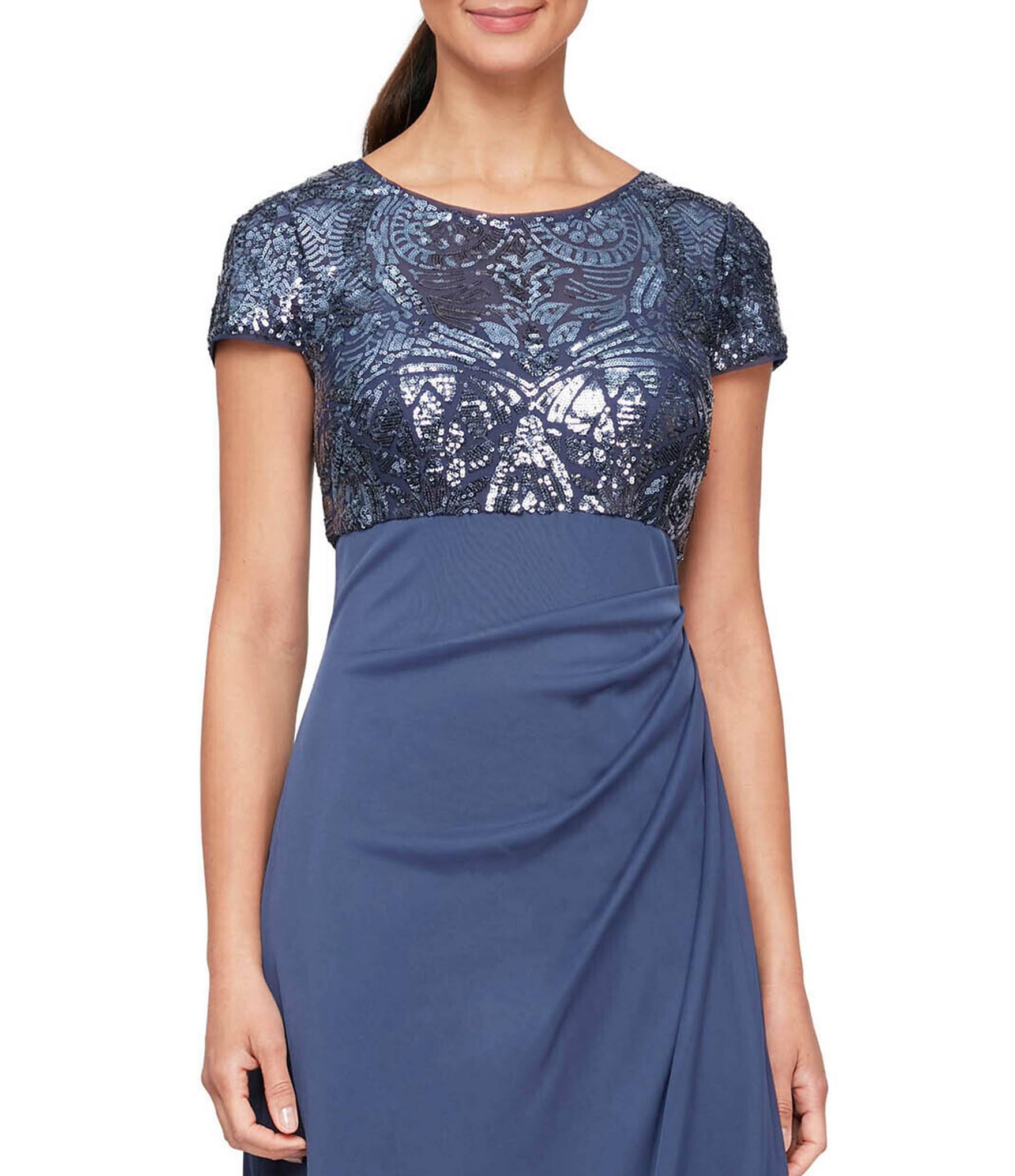Cap Sleeve Stretch Sequin Side Ruffle Gown Z6770