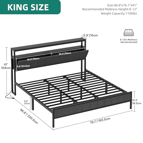 Gray Queen Upholstered Bed Frame with Storage Headboard N5466