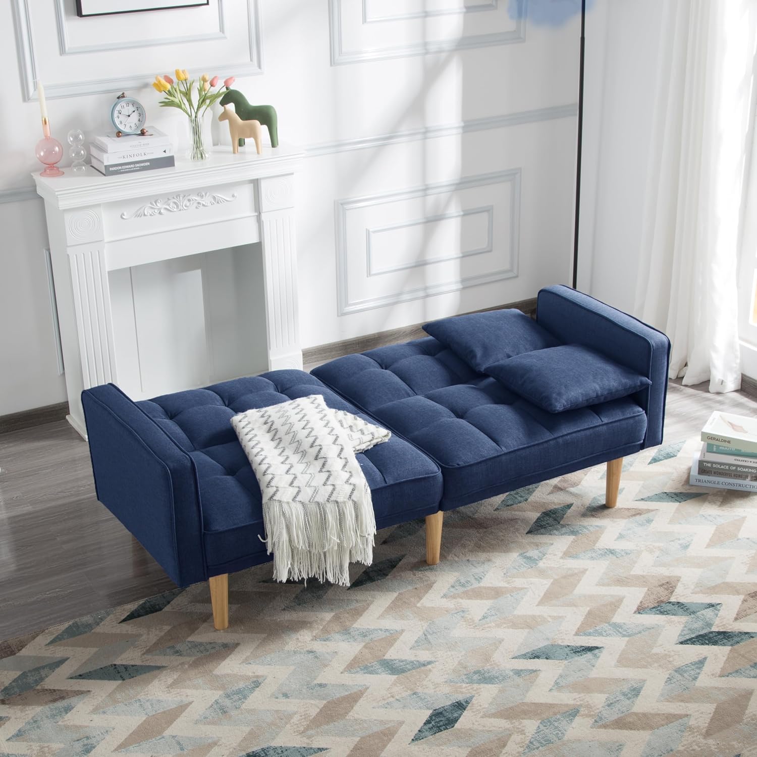 Navy Blue Tufted Fabric Futon Sofa Bed with Wooden Legs and 2 Square Pillows L9040