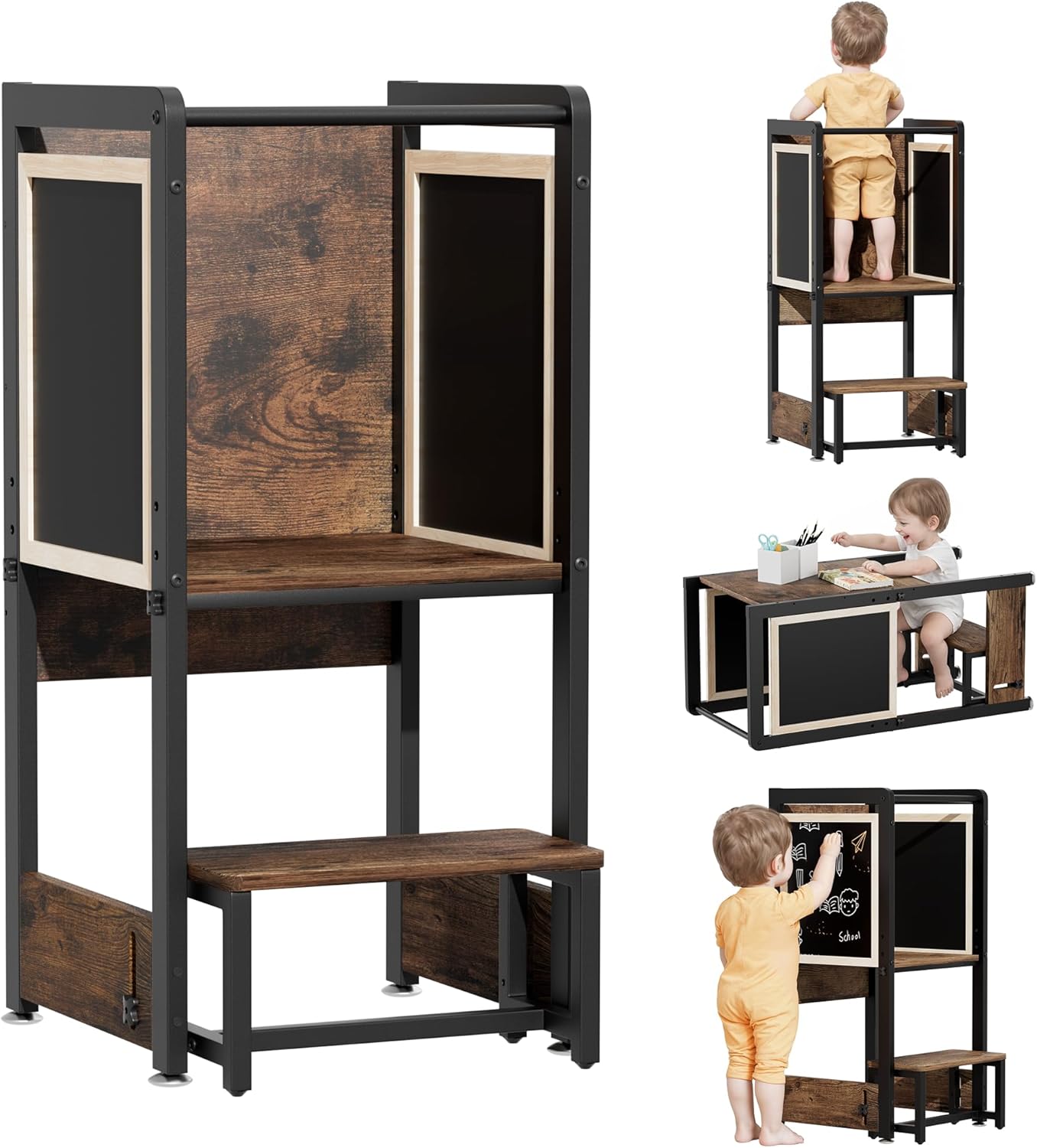 Toddler Kitchen Stool Helper Tower - 4 in 1 Learning Standing Tower, Steel-Wood Step Stool Adjustable Height R50440