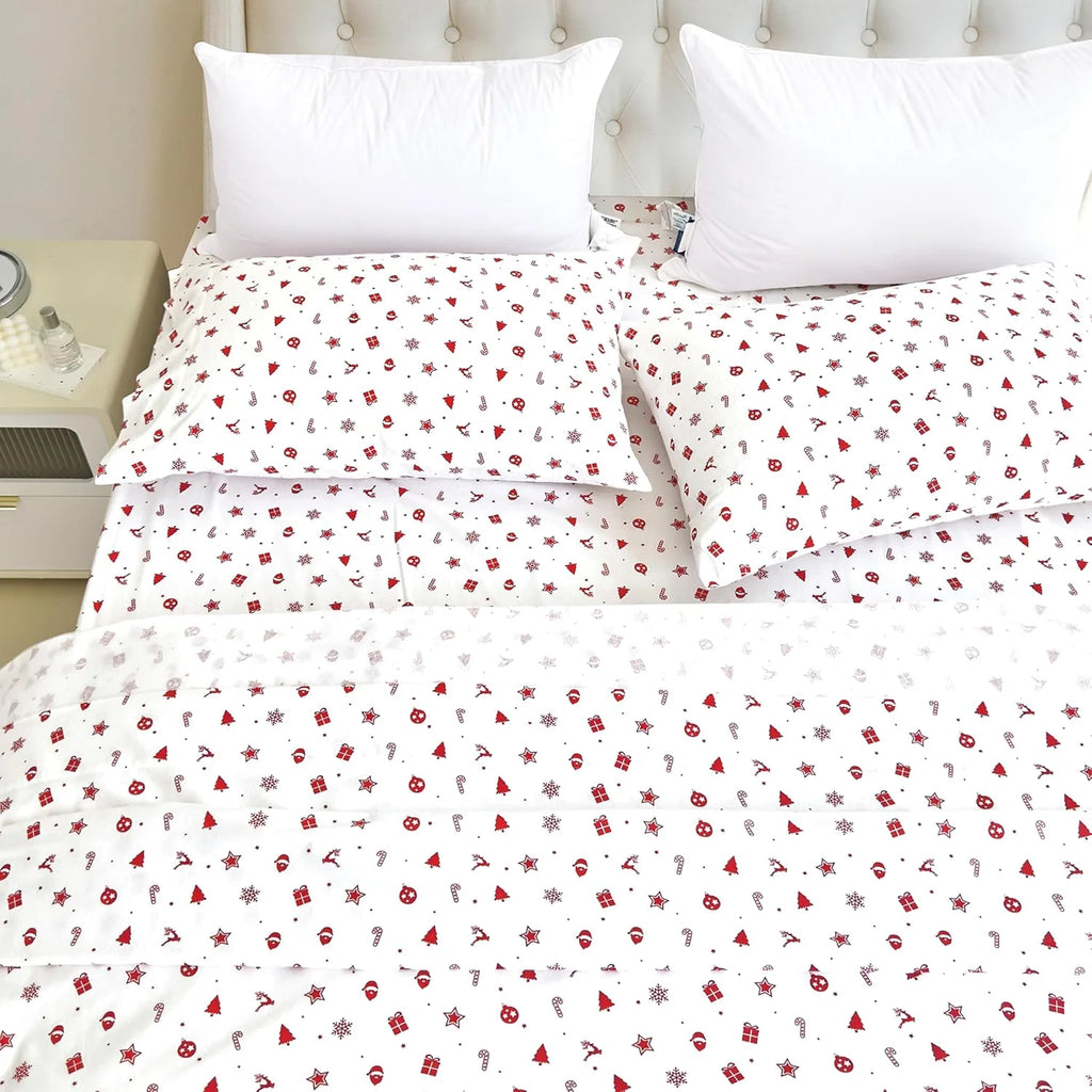 King Flannel Sheets - 4-Piece 100% Turkish Cotton, Red Stars, Deep Pocket Q766
