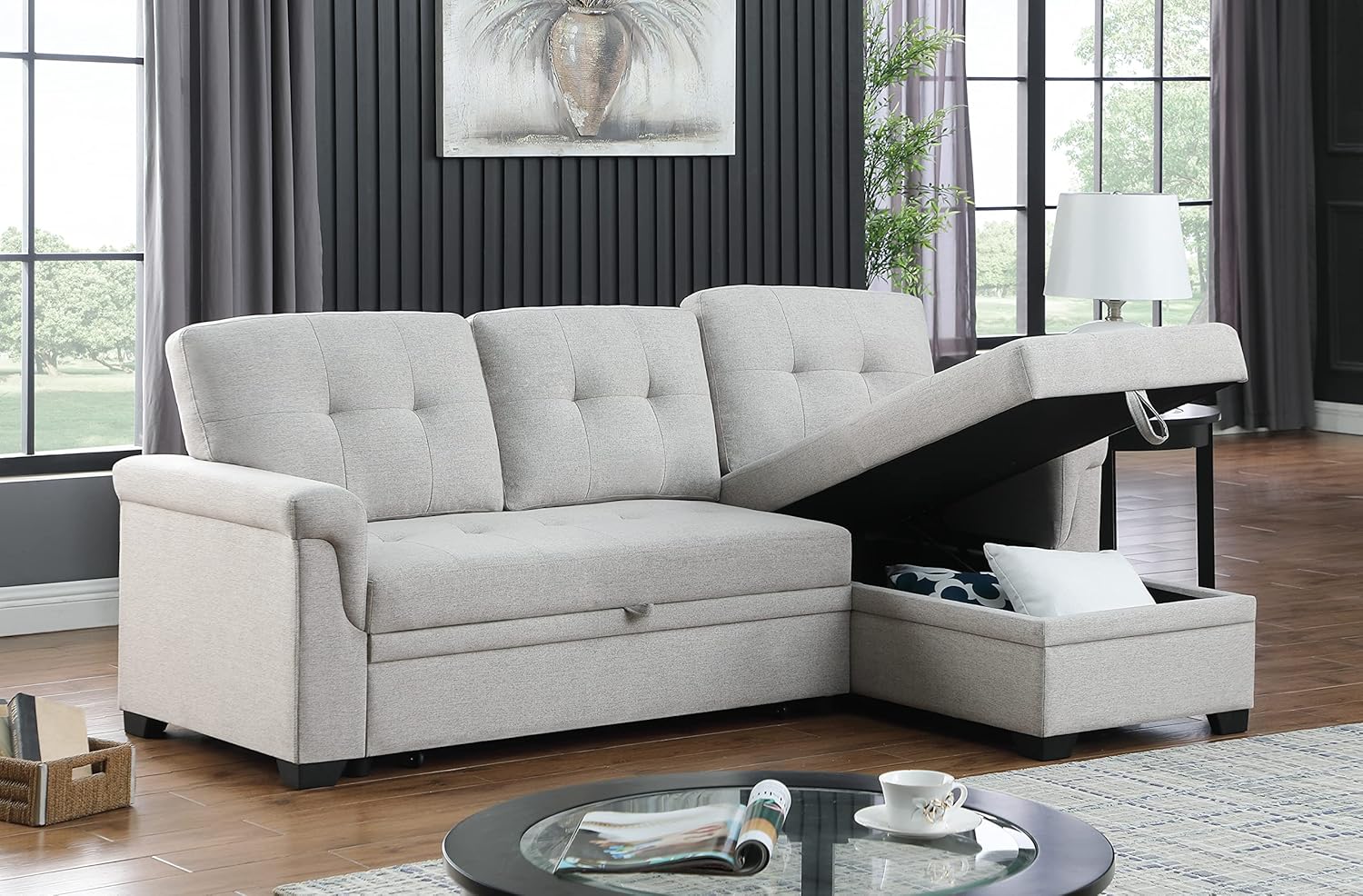 L-Shaped Linen Tufted Reversible Sleeper Sectional Sofa with Pull Out Sleep Couch Bed, Light Gray X8069