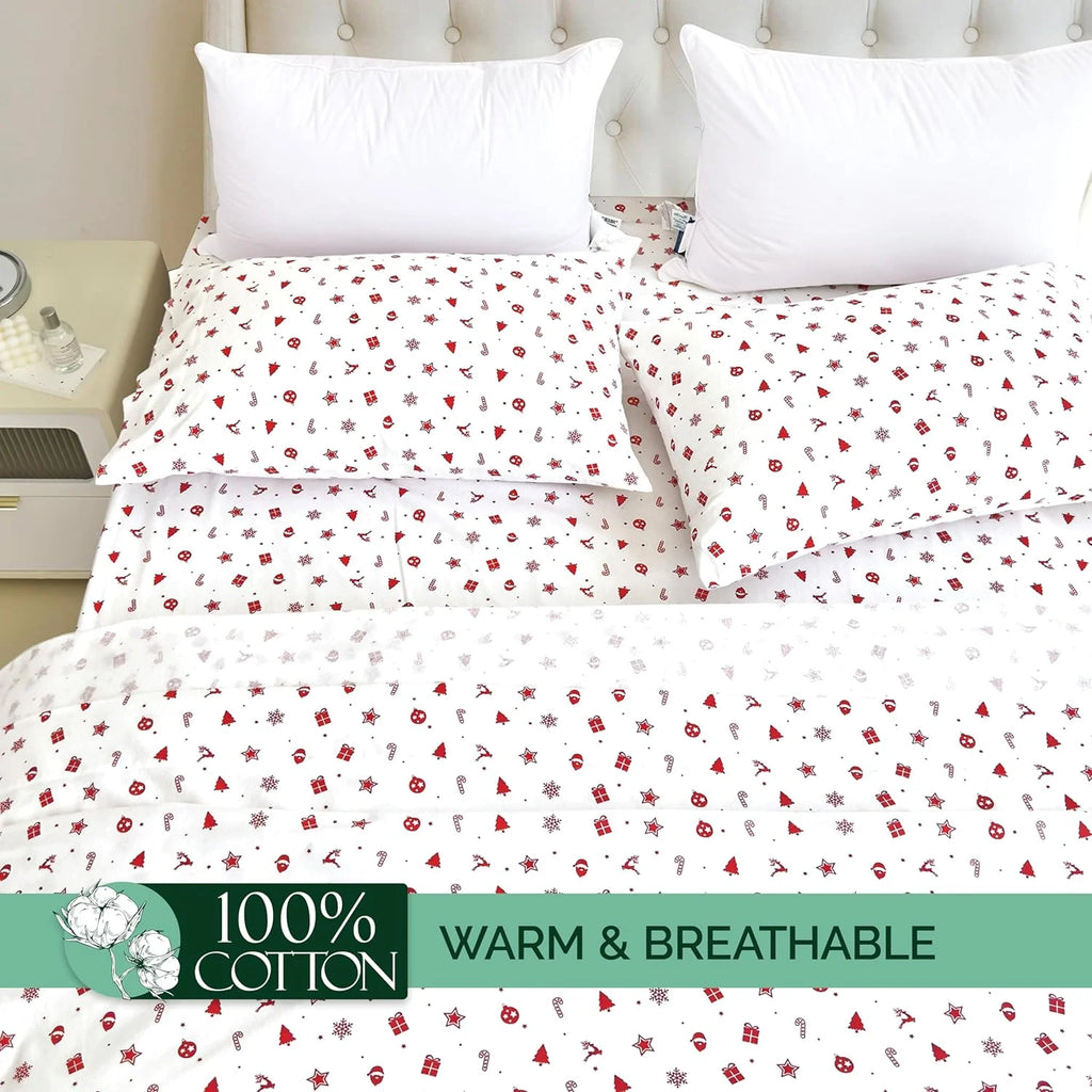 King Flannel Sheets - 4-Piece 100% Turkish Cotton, Red Stars, Deep Pocket Q766