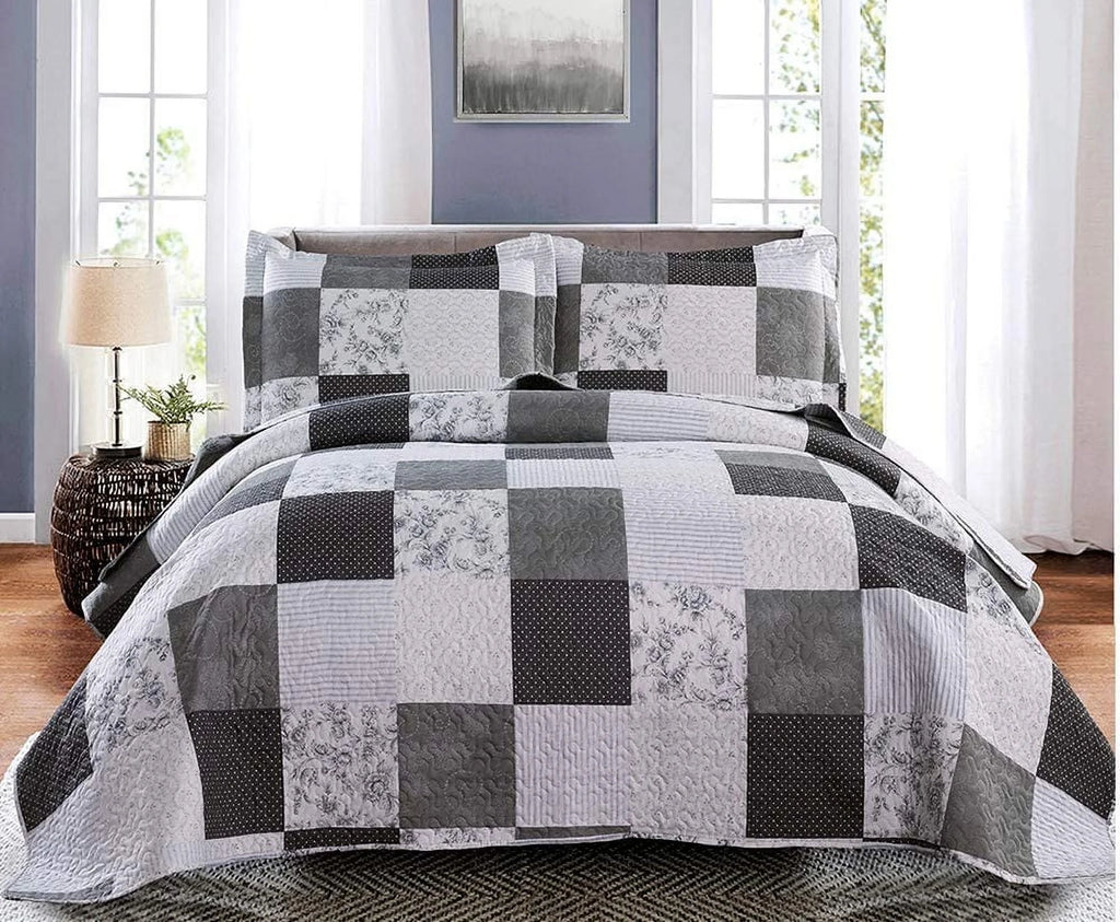 King Size Black White Grey Plaid Patchwork Quilt Microfiber Bedspread B5031