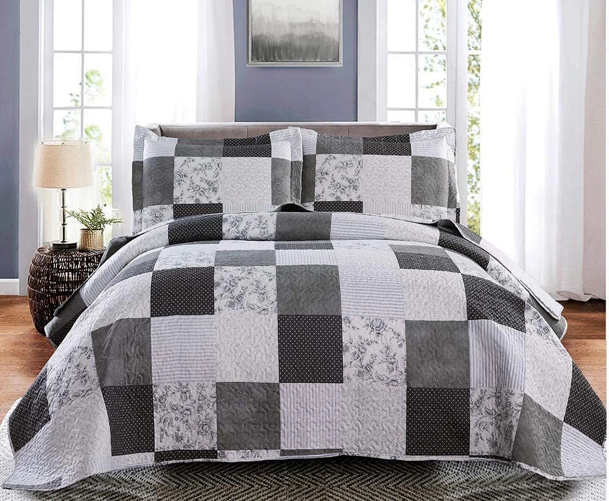 King Size Black White Grey Plaid Patchwork Quilt Microfiber Bedspread B5031