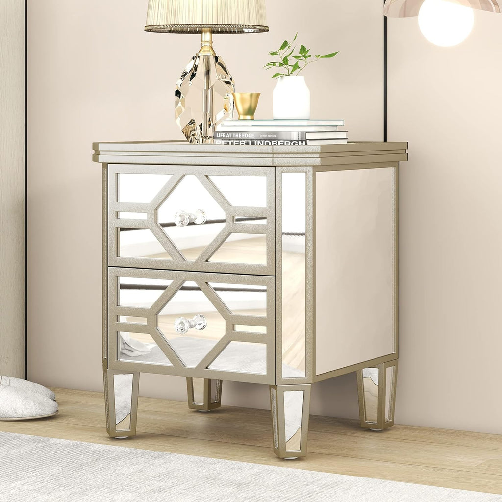 Mirrored 2-Drawer Nightstand End Table with Golden Lines, Silver P168