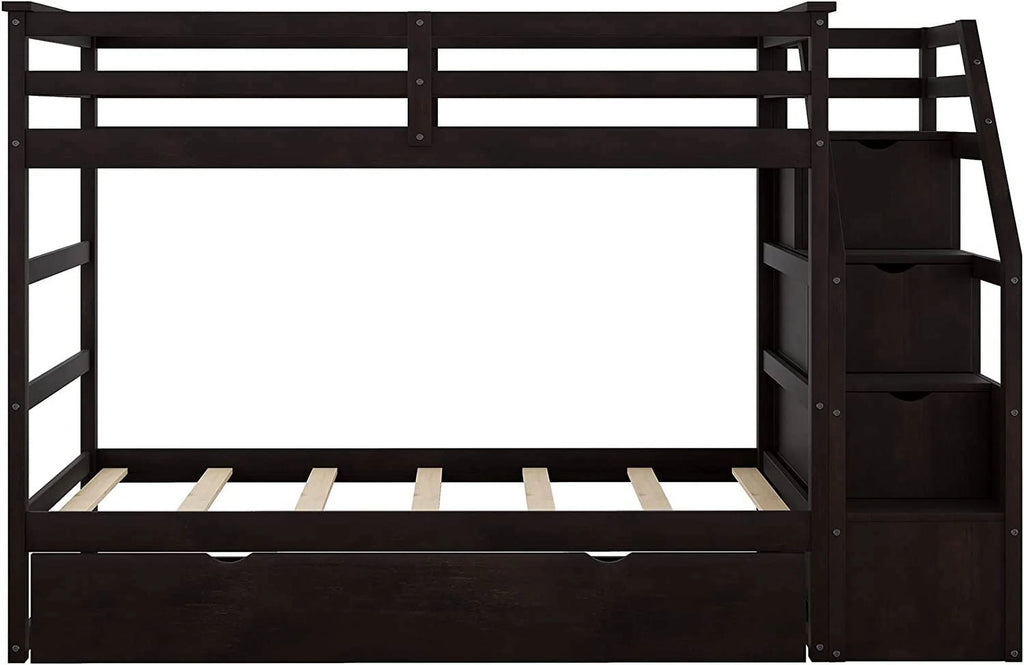 Espresso Wooden Over Bunk Bed with Trundle and 3 Storage Stairs F82653