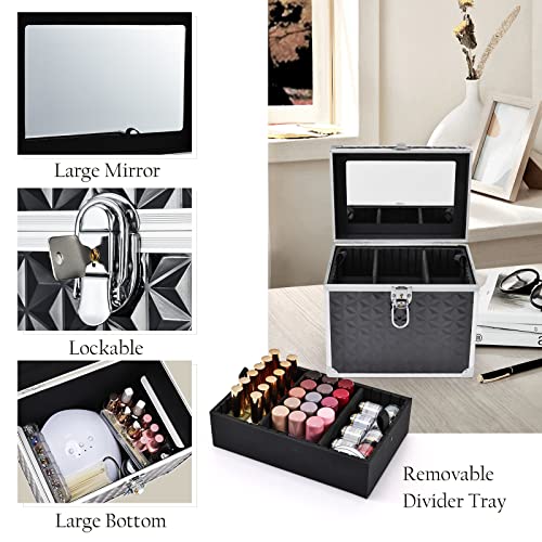 Black Portable Cosmetic Train Case with Divider Tray Mirror T997
