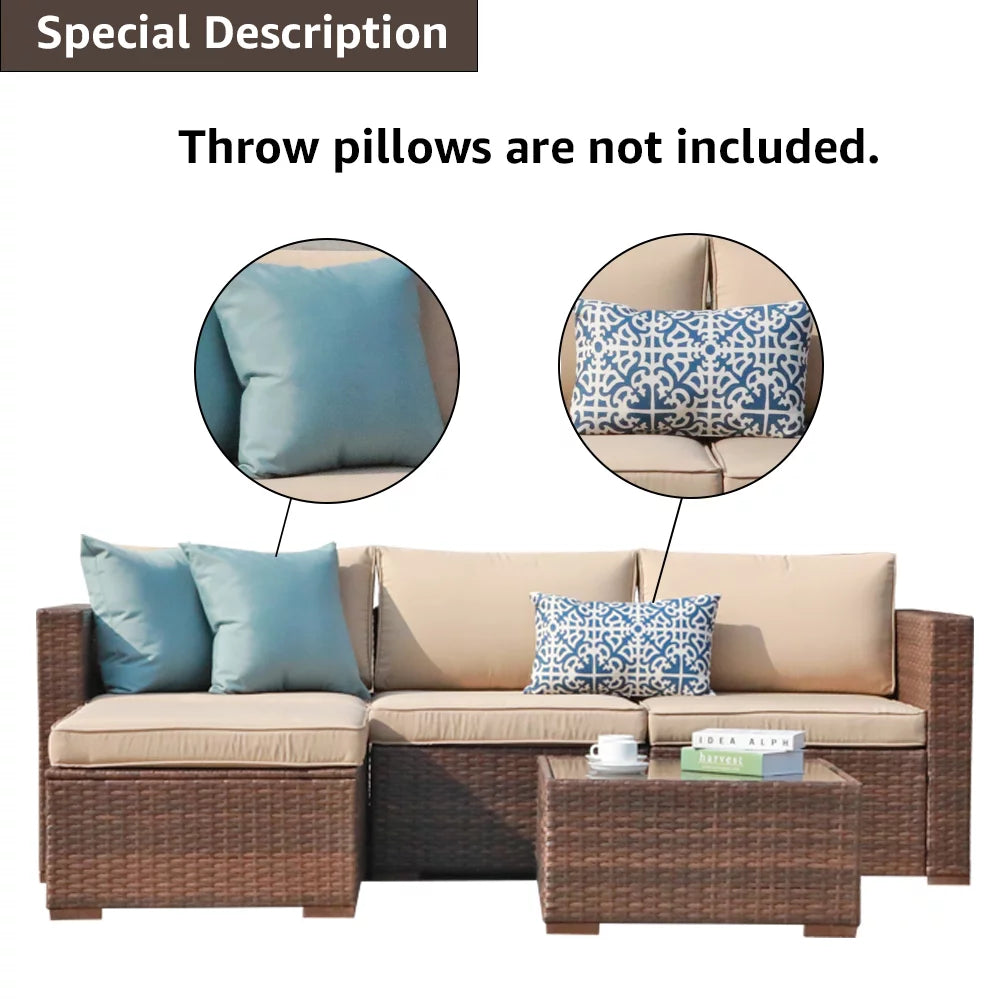 5-Piece Patio Furniture Set, Brown PE Wicker with Beige Cushions O9828