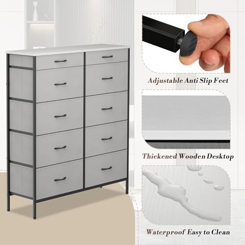 10 Drawer Fabric Dresser with Metal Frame and Wooden Top M24523