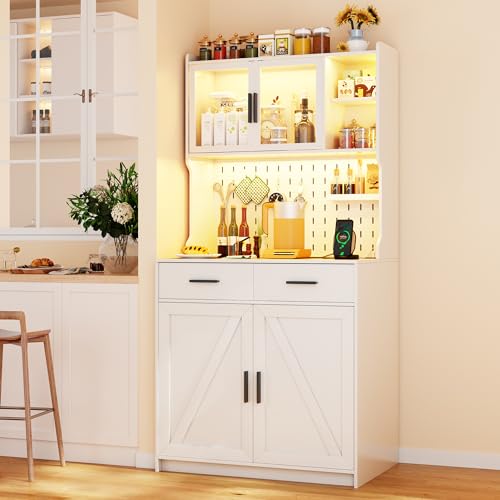 White LED Kitchen Pantry Cabinet with Drawers and Adjustable Shelves K787