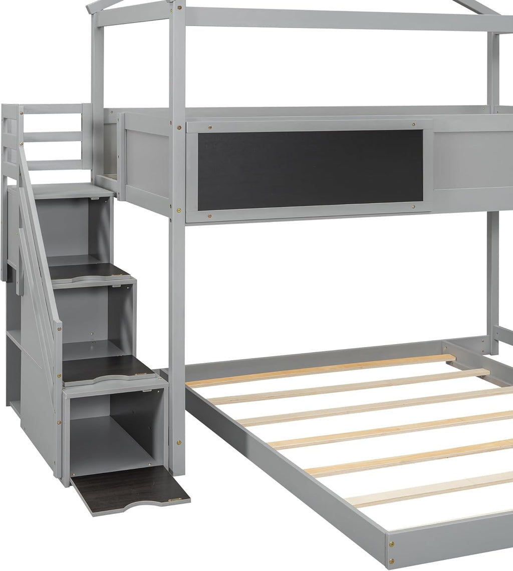 Gray Wood L-Shaped Twin Over Full Bunk Bed with Storage Stairs and Blackboard N15809