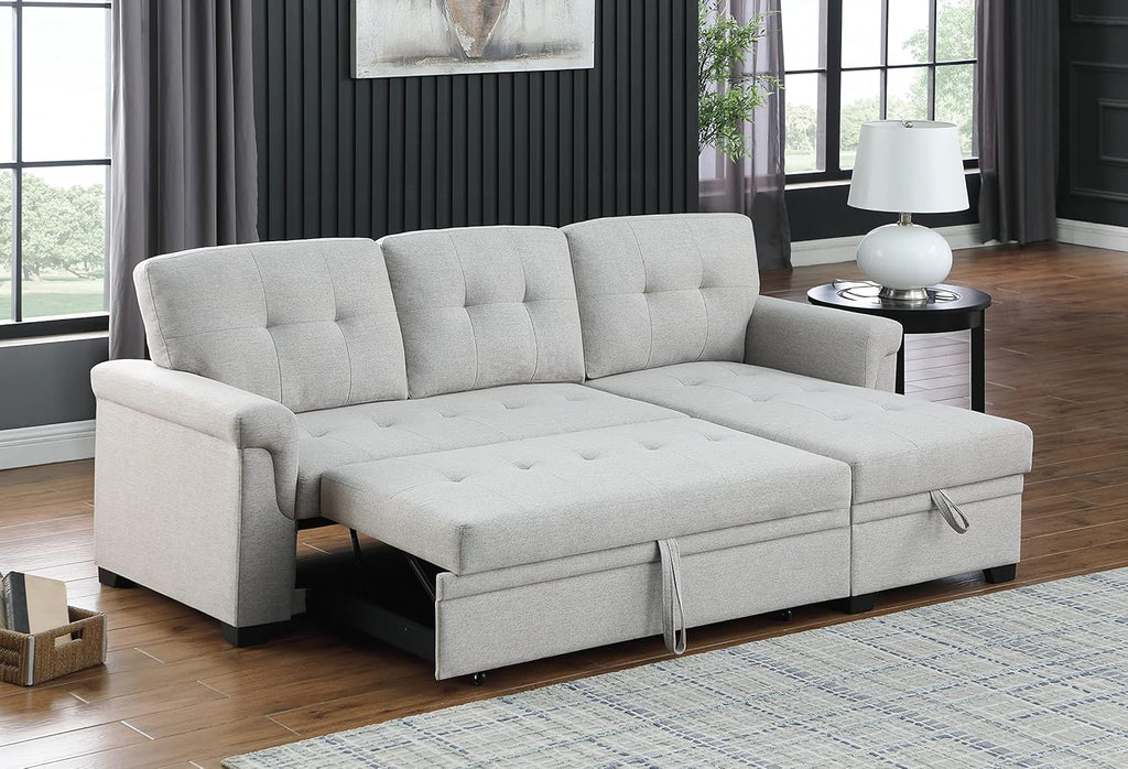 L-Shaped Linen Tufted Reversible Sleeper Sectional Sofa with Pull Out Sleep Couch Bed, Light Gray X8069