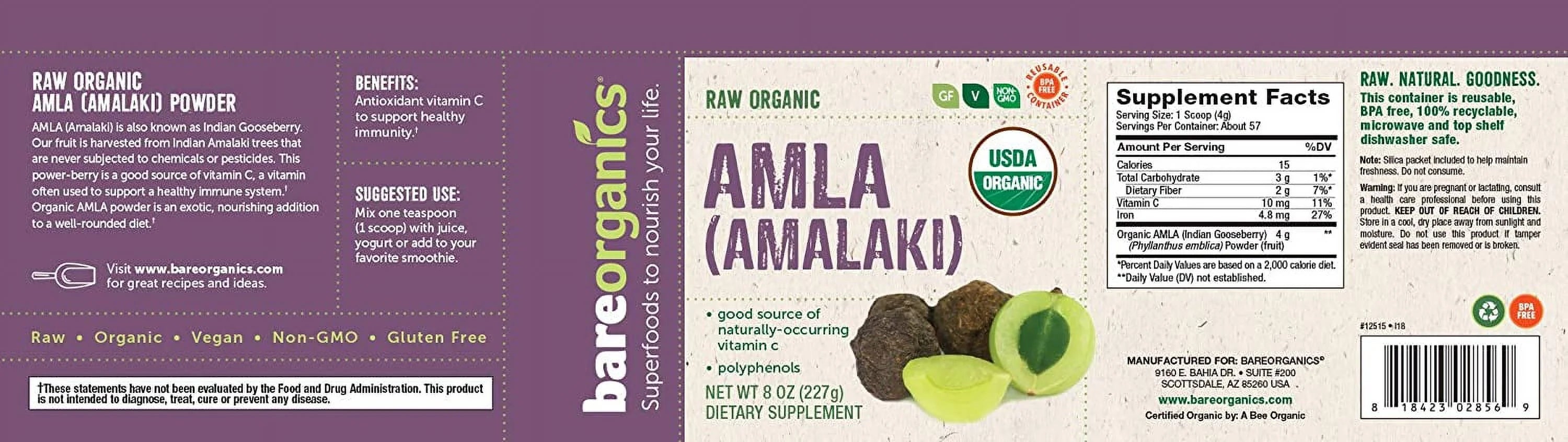 Amla, Indian Gooseberry & Superfood Powder, Dietary Supplement, 8 Oz D828607