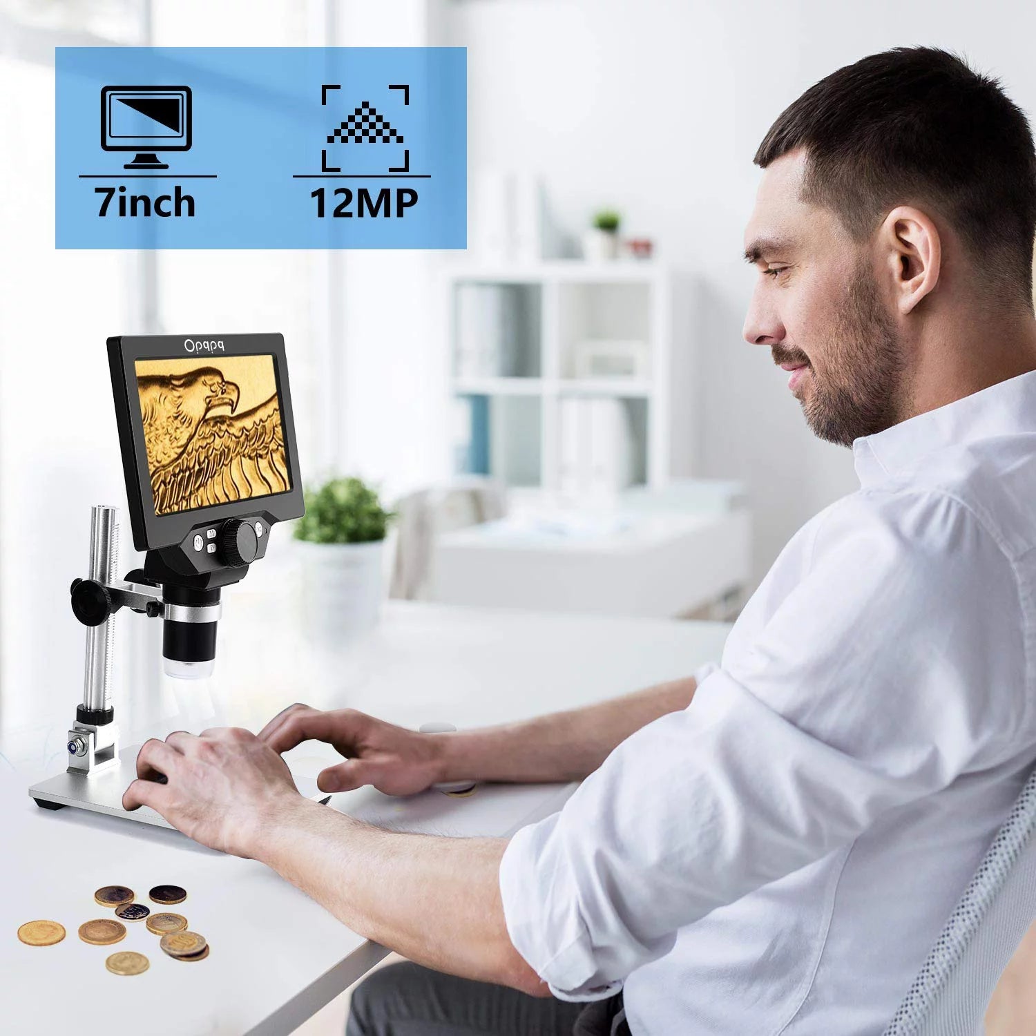 7" LCD Digital Microscope, 1200X Coin Microscope with 32GB Card, 12MP Camera, LED Fill Lights, Wired Remote O621