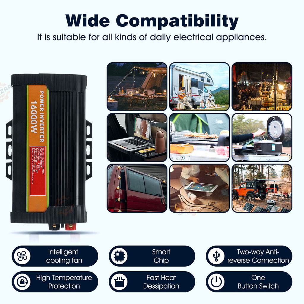 16000W Peak Pure Sine Wave Power Inverter DC 12V to AC 110/120V A37803