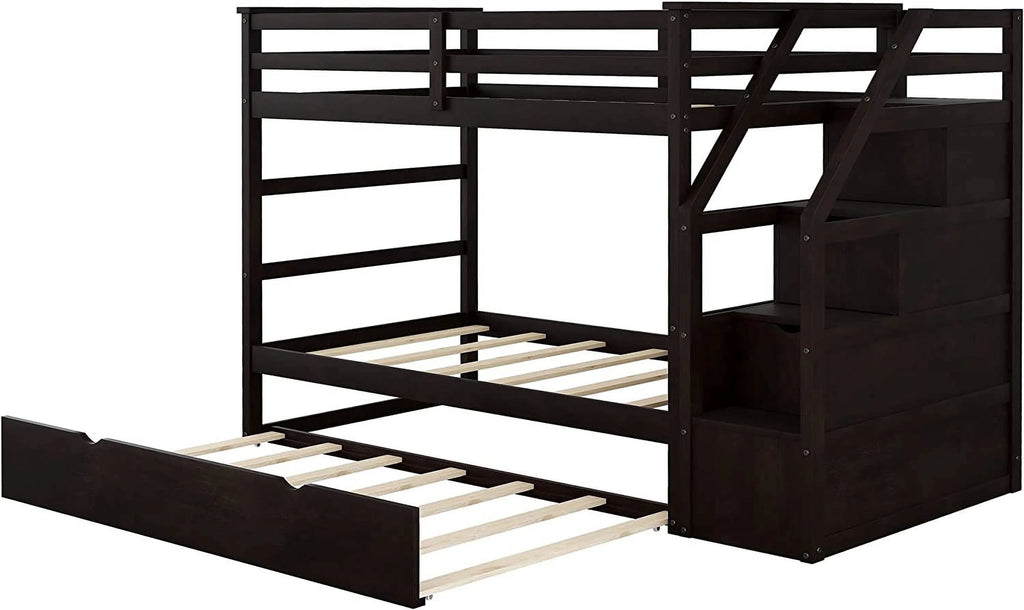 Espresso Wooden Over Bunk Bed with Trundle and 3 Storage Stairs F82653