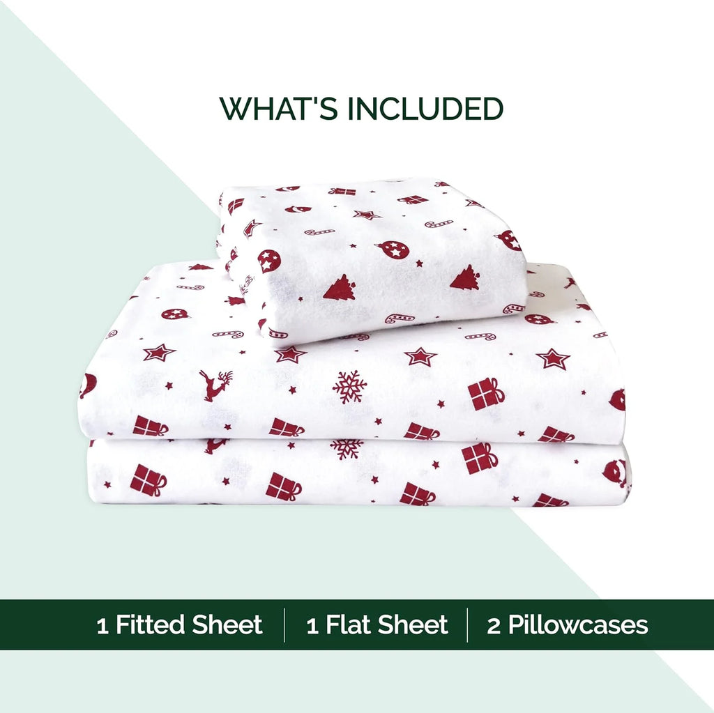 King Flannel Sheets - 4-Piece 100% Turkish Cotton, Red Stars, Deep Pocket Q766