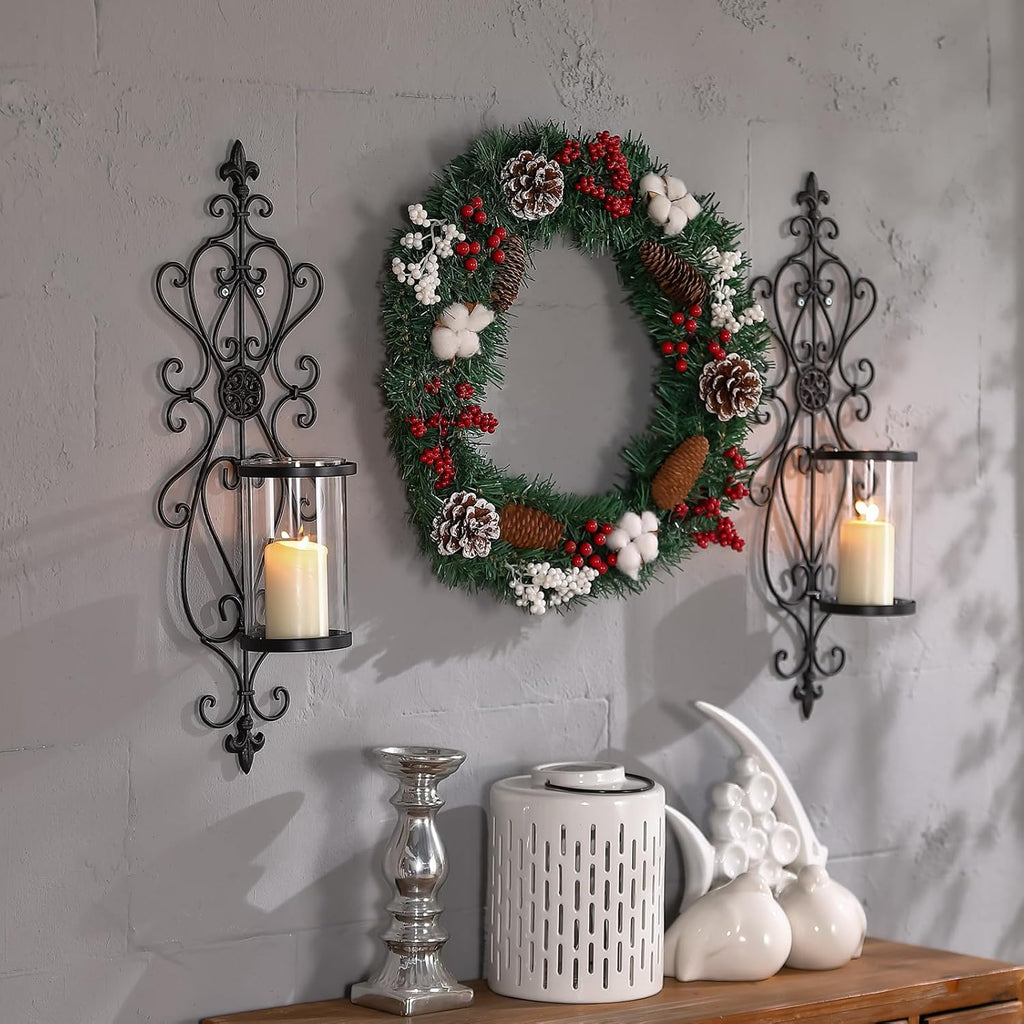 Set of 2 Antique Dark Brown Iron and Glass Wall Candle Sconces T29189
