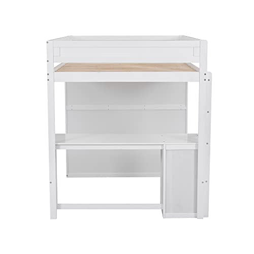 White Wooden Full Size Loft Bed with Storage Wardrobe, Desk, Drawers, Cabinet, and Ladder N275
