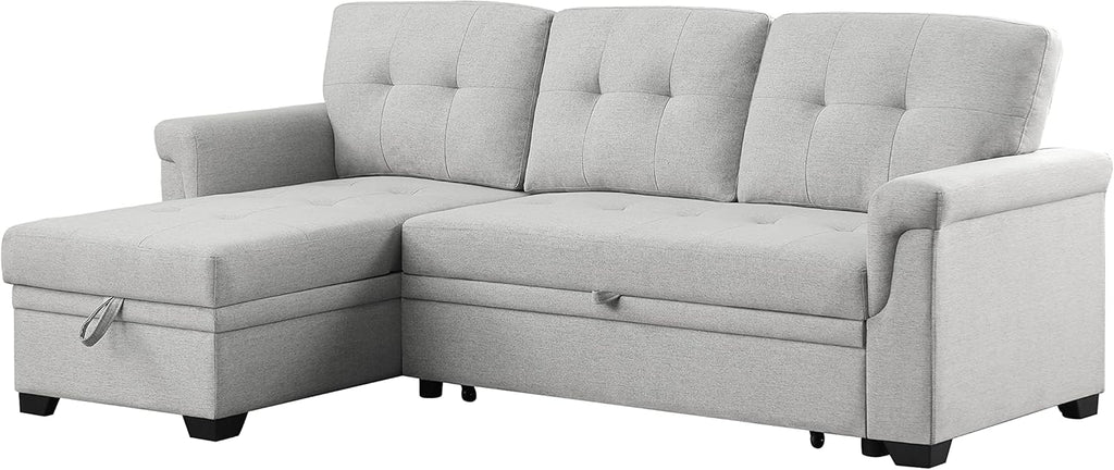 L-Shaped Linen Tufted Reversible Sleeper Sectional Sofa with Pull Out Sleep Couch Bed, Light Gray X8069