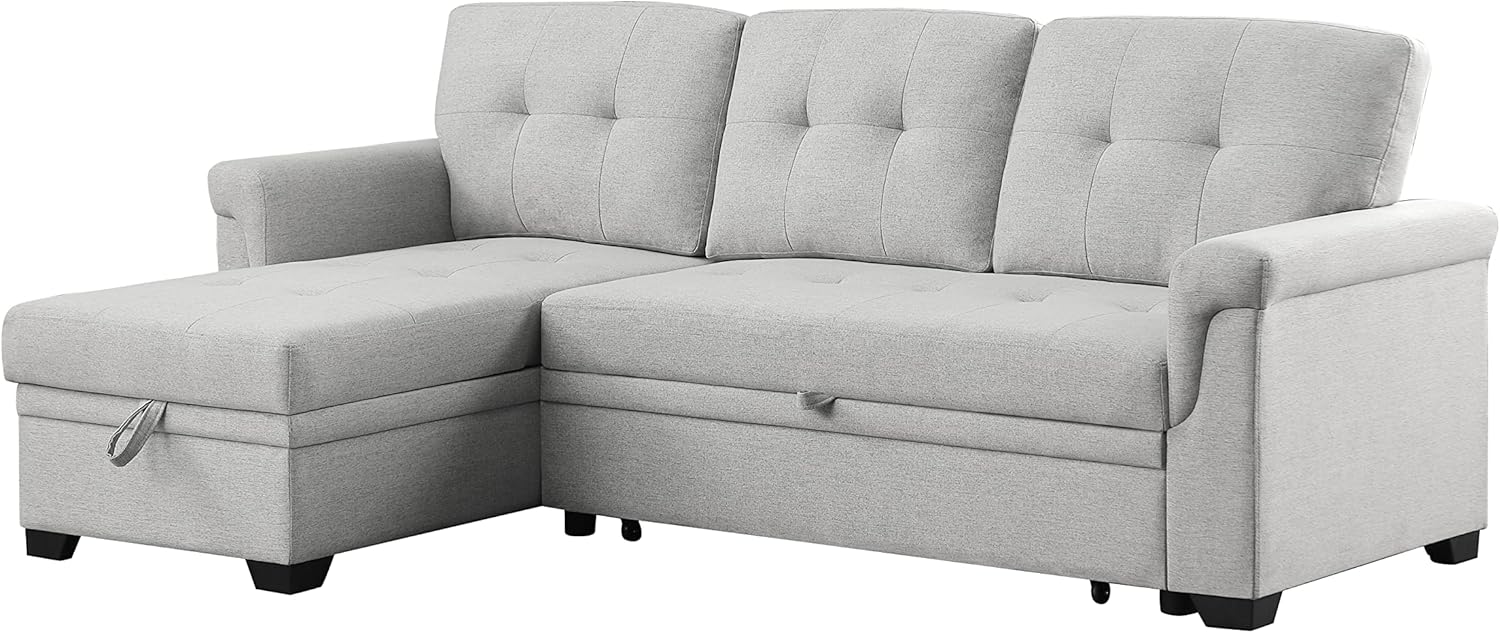 L-Shaped Linen Tufted Reversible Sleeper Sectional Sofa with Pull Out Sleep Couch Bed, Light Gray X8069