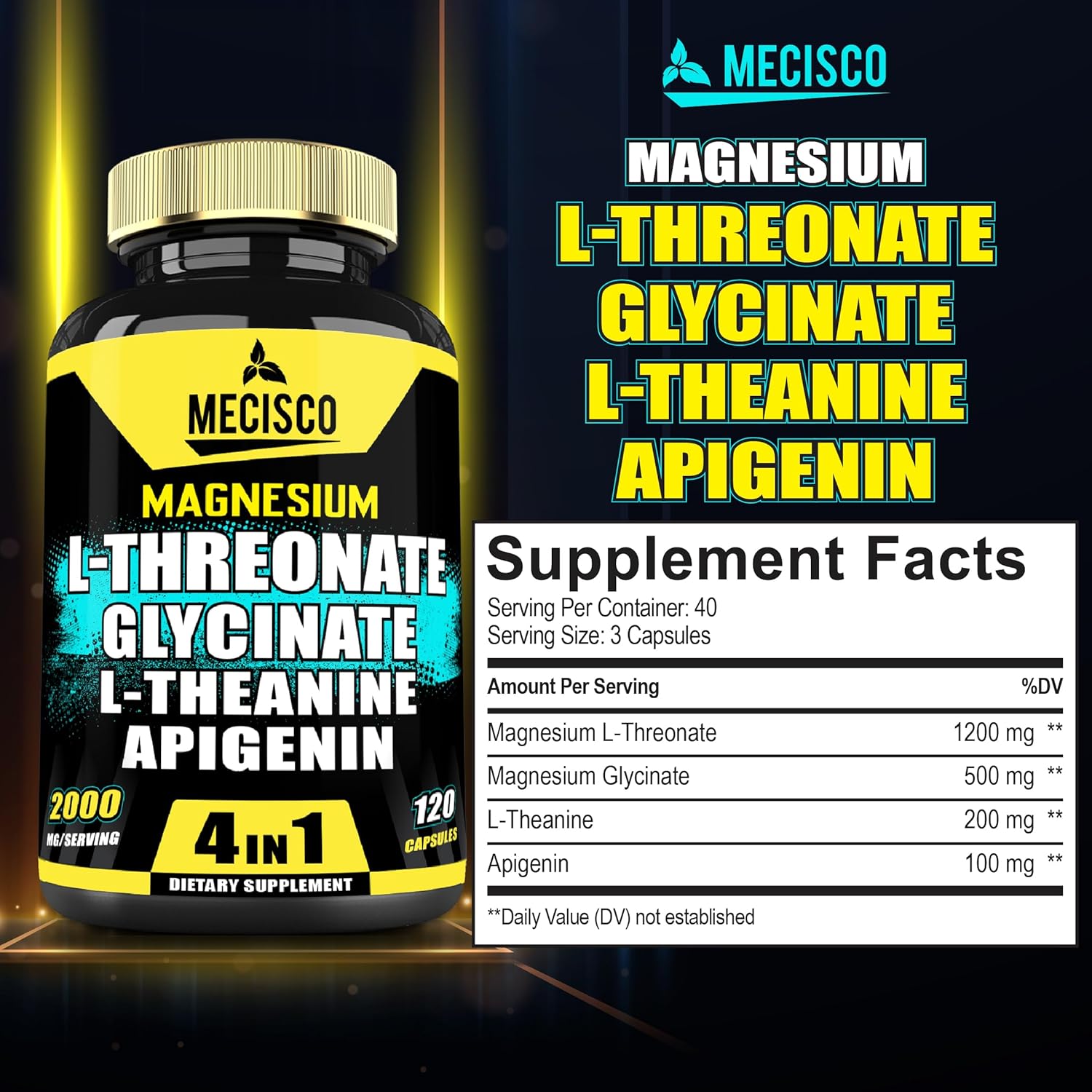 2000mg Magnesium Supplement with L-Theanine & Apigenin - 120 Capsules H418