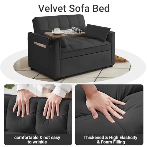 Black Velvet Convertible Sleeper Sofa Bed with 2 Pillows X46805