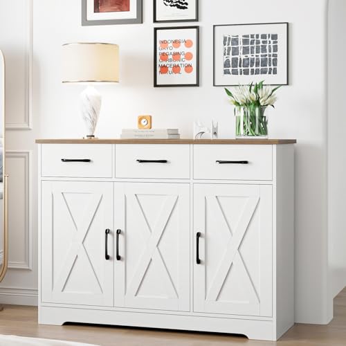 White Wood Sideboard Buffet Cabinet with Drawers and Shelves E7790