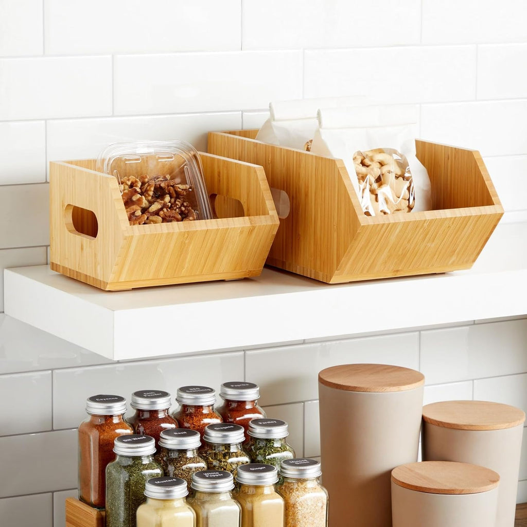 2 Pack Stackable Bamboo Wood Storage Bins M990338