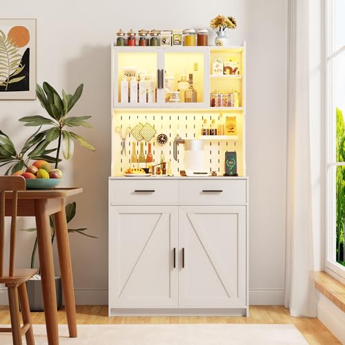 White LED Kitchen Pantry Cabinet with Drawers and Adjustable Shelves K787