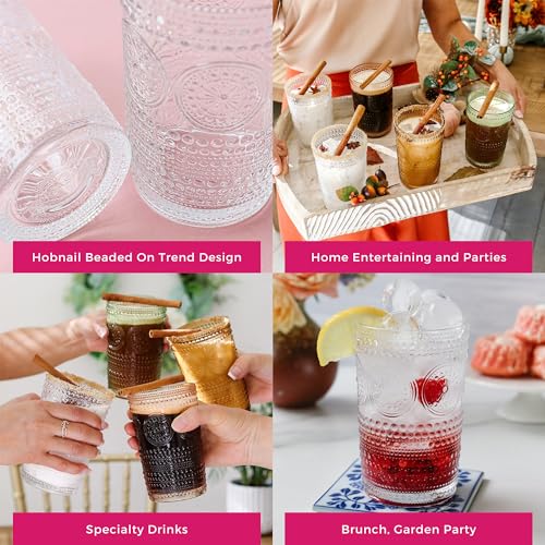 Hobnail Beaded Floral Rose Gold Drinking Glasses Set of 6, 13 oz Glassware Set U2687