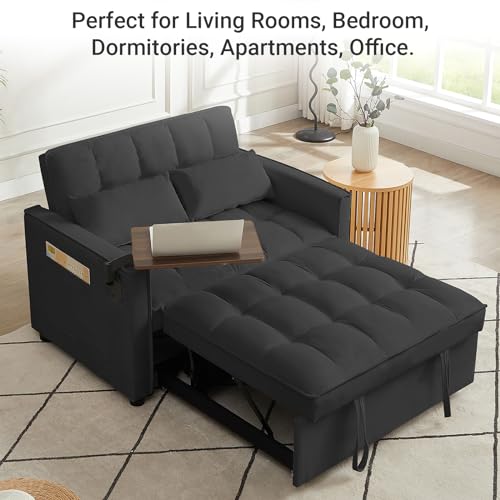 Black Velvet Convertible Sleeper Sofa Bed with 2 Pillows X46805