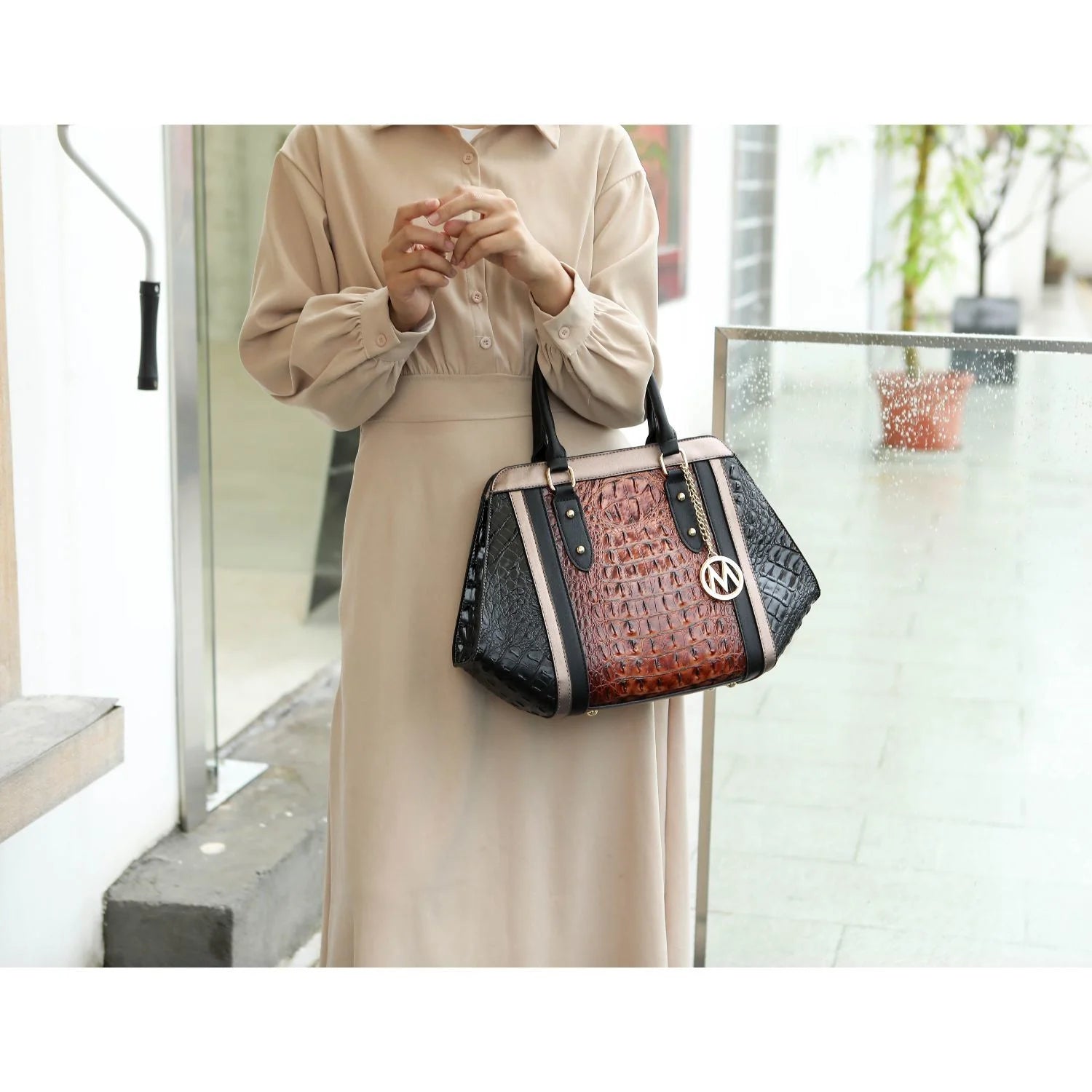 Taupe Chocolate Crocodile-Embossed Satchel Handbag 2-Piece Set J82725