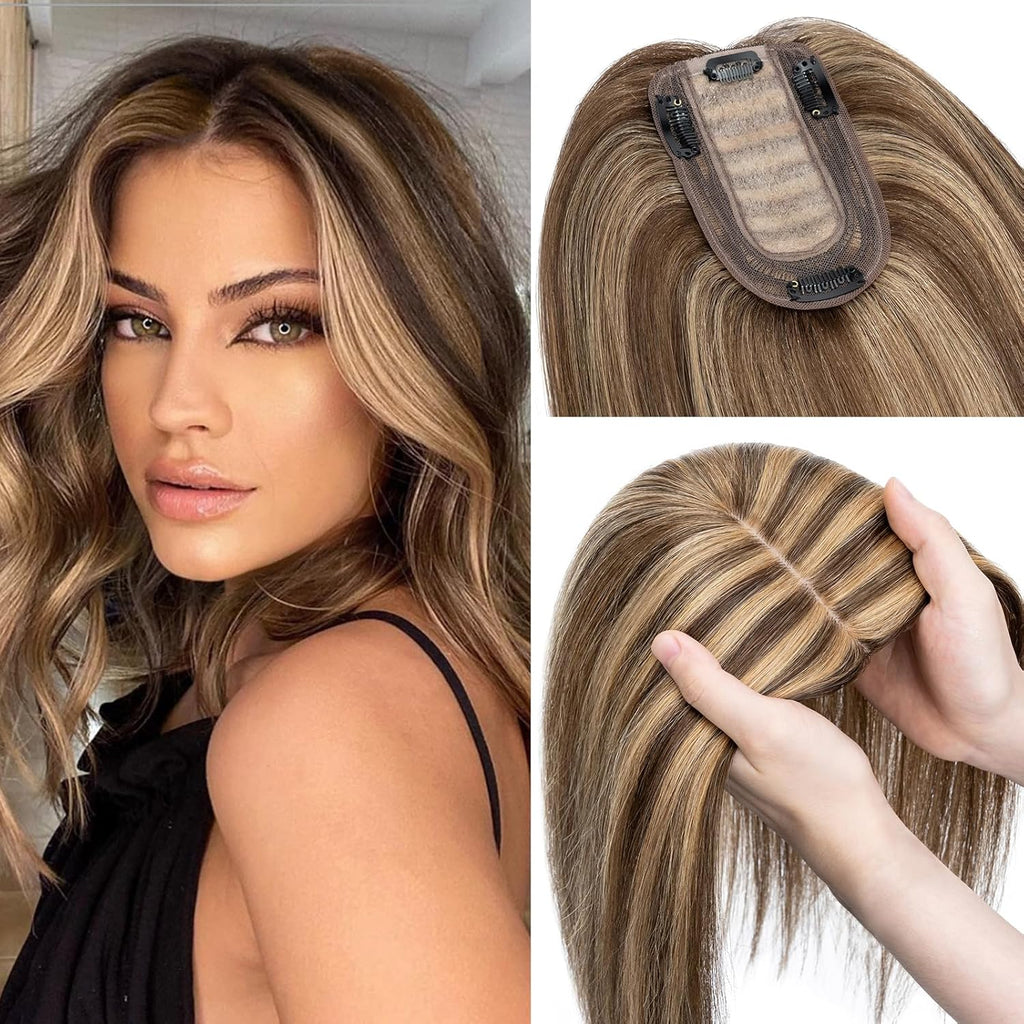 100% Real Human Hair Topper Silk Base Clip In Top Hairpieces 10 Inch 33g S97653